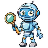 Cute robot with magnifying glass white background vector