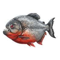 Illustration of a piranha with sharp teeth and red fins on a plain color isolated canvas art transparent background png