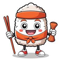 Cute sushi rice character with chopsticks and a side of fish vector