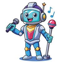 Cute robot character singing with a microphone and lollipop vector