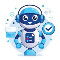 Friendly robot assistant with headphones and a check mark vector