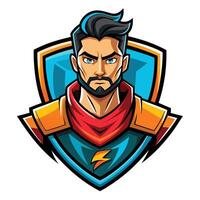 a man with a beard and mustache in a red and blue shield vector