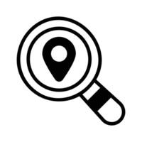 Magnifying glass over a location marker, representing map search.. . vector