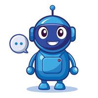 Cute blue robot character with speech bubble white background vector