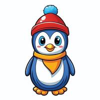 a cartoon penguin wearing a red hat and scarf white background vector