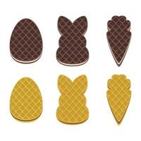 Easter wafer cookies in the shape of an egg, bunny and carrot. Waffles filled with creme, cacao. Confectionery, snack, crunchy dessert for Easter design vector