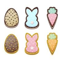 Easter wafer cookies with cream in the shape of an egg, bunny and carrot. Waffles filled with creme, cacao. Confectionery, snack, crunchy dessert for Easter design vector