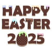 Chocolate Wafflers text Happy Easter 2025. Greeting card, sticker or print for your design. Cartoon stylized letters like wafers. Greeting card text template. vector