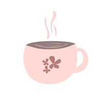 Cup of coffee. Flat design drinking glass with single flower pattern in light and dark brown. Perfect for coffee shop menus, kitchen blogs, and beverage packaging. Clean design with white background. vector