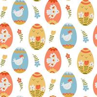 Seamless hand-drawn pattern with decorative Easter eggs adorned with floral elements, birds, and folk-inspired designs. Ideal for festive textiles, gift wrapping, and holiday-themed projects vector