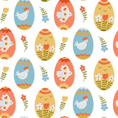 Seamless hand-drawn pattern with decorative Easter eggs adorned with floral elements, birds, and folk-inspired designs. Ideal for festive textiles, gift wrapping, and holiday-themed projects