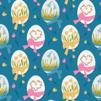Seamless hand-drawn pattern with decorative Easter eggs adorned with bows, flowers, and grass on a blue background. Ideal for festive textiles, gift wrapping, and holiday-themed designs vector