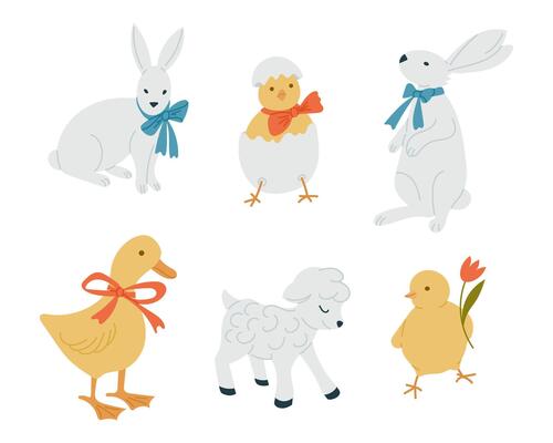 Easter animals, including rabbits, a duckling, a lamb, and chicks, decorated with ribbons and flowers. A charming spring illustration symbolizing the Easter holiday and the awakening of nature