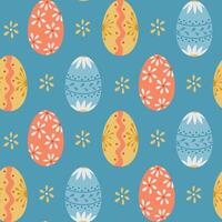 Seamless hand-drawn pattern with colorful decorated Easter eggs with floral and geometric designs on a blue background. Ideal for festive textiles, gift wrapping, and holiday-themed projects vector