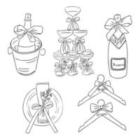 A wedding set of elegant items with bows, including a champagne bottle, glasses, table setting and hangers for the bride and groom. A hand-drawn style, perfect for wedding invitations vector