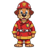 cartoon fireman dog in red uniform and helmet vector