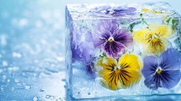 Colorful pansies frozen in clear ice block with droplets on a soft blue surface photo