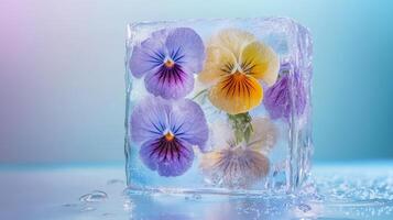 Frozen pansies create a beautiful ice cube display with vibrant colors in a serene setting photo