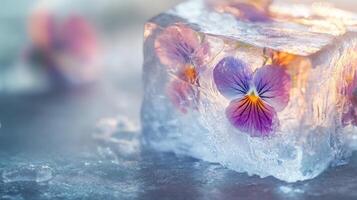 Colorful pansy flowers encased in clear ice block on a textured surface during bright daylight photo