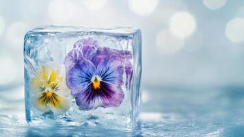 Ice cube with colorful pansies captures the essence of delicate floral beauty and creative preservation photo
