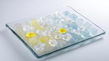 Decorative jelly dessert with edible flowers displayed on a clear glass platter for a special event photo