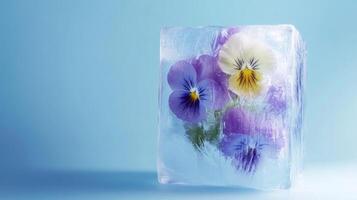 Frozen pansies trapped in a clear ice block create a unique and artistic display in a light blue setting photo