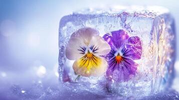 Beautiful colorful pansy flowers frozen in clear ice cube on a soft pastel background photo