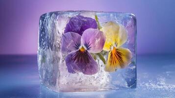 Frozen flowers surrounded by ice create a stunning visual display in a purple and blue lighting ambiance photo