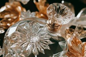 Elegant crystal decanter adorned with intricate floral designs and golden leaves on a dark surface photo