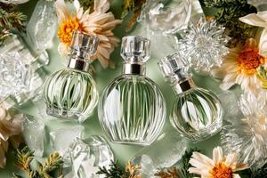 Elegant glass perfume bottles arranged beautifully with flowers and ice on a light green background during a warm afternoon photo