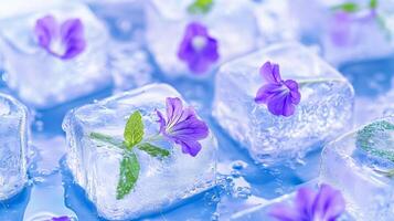 Fresh flowers and mint leaves embedded in ice cubes resting in a pool of cool water photo