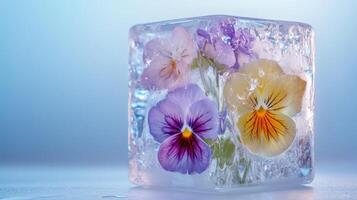 Ice cube containing colorful pansy flowers reflects artistic freeze in clear background photo