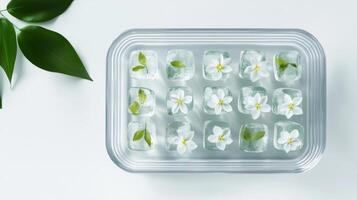 Frosty floral ice cubes arranged in a tray with green leaves and white flowers on a light background photo