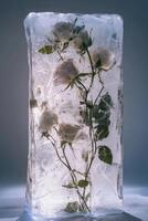 Frozen white roses encased in ice block illuminated from within in an artistic display photo