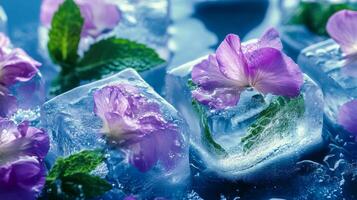 Beautiful ice cubes with purple flowers and mint leaves glistening under bright light photo