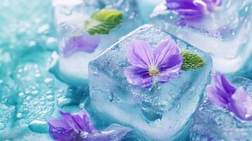 Vibrant floral ice cubes resting on a cool blue surface with glistening droplets and mint leaves enhancing the refreshing aesthetic photo