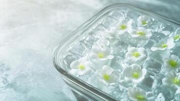 Fresh flowers arranged on ice in a glass dish for a decorative touch during a summer gathering photo