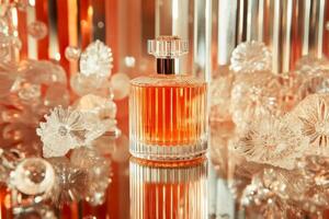 Beautiful glass perfume bottle displayed artistically with reflective surfaces and decorative accents photo