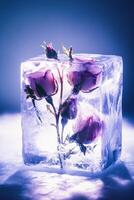 Beautiful frozen roses encased in clear ice illuminated by soft lighting photo