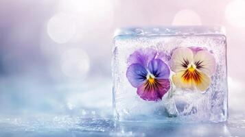 Frozen flowers captured in ice creating a unique visual composition with vibrant colors photo