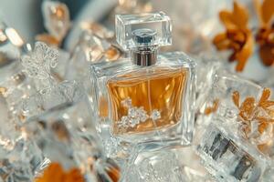 Elegant glass perfume bottle placed among decorative ice sculptures in an artistic setup photo