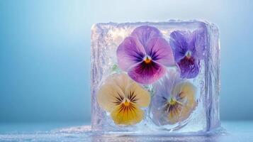 Colorful pansies encased in a block of ice against a serene blue background photo