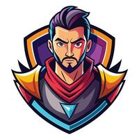 Fierce, stylized character portrait, vibrant colors, and shield design vector