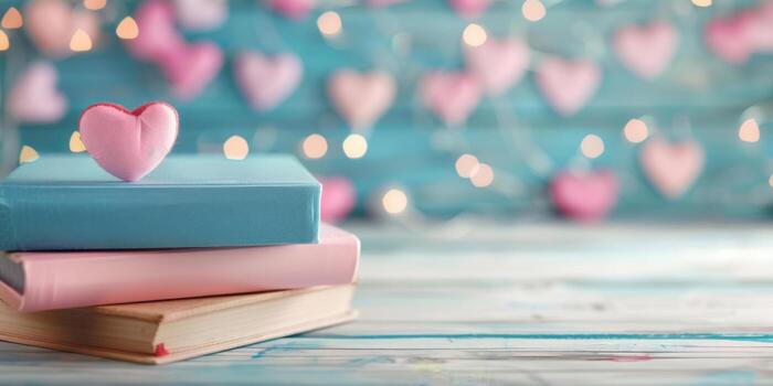 rosado corazón en apilar de libros con borroso luces y azul antecedentes foto