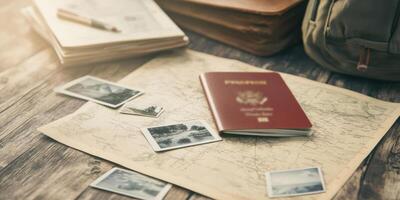 A passport, Polaroid photos, and a detailed map hint at an exciting adventure ahead photo