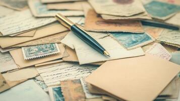 A desk is filled with vibrant postcards, postage stamps, and an ink pen, evoking a sense of nostalgia photo