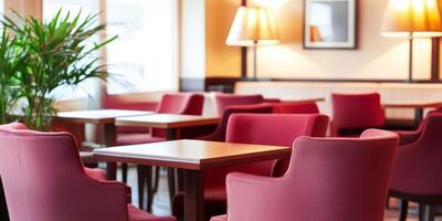 Soft armchairs and stylish lamps create a warm, inviting atmosphere in a retro-inspired dining space photo