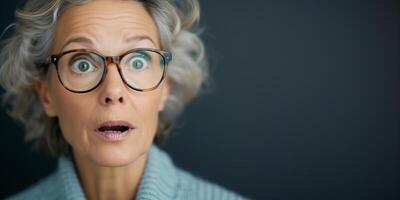 A woman with short gray hair and glasses stares at the camera with a shocked expression photo