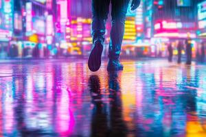 A figure walks alone through a rainy urban environment, surrounded by vibrant neon reflections photo