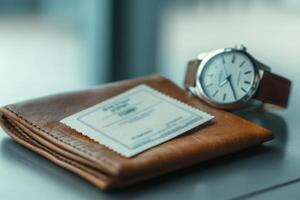 Folded train ticket rests on leather wallet beside a watch indicating an early morning departure photo